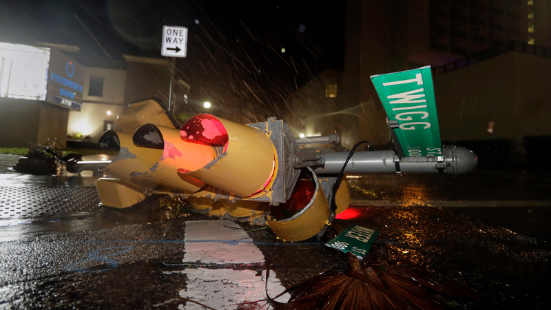 Traffic lights uprooted by the wind in Corpus Christi, Texas. Photo: AP